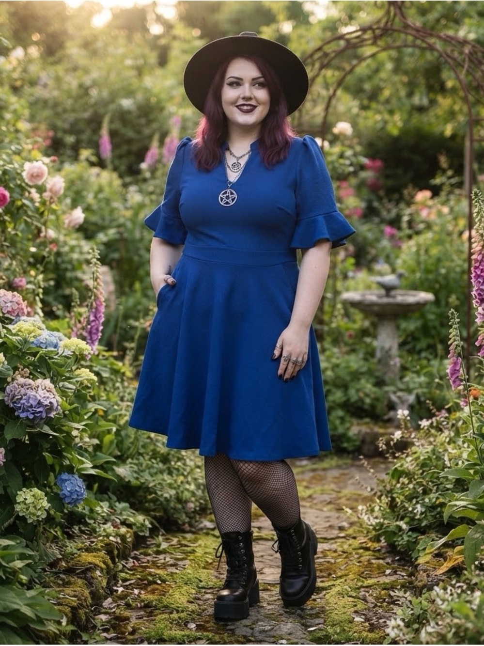 Mokayee Classic Fashion Royal Blue Midi Dress with Ruffle Sleeves